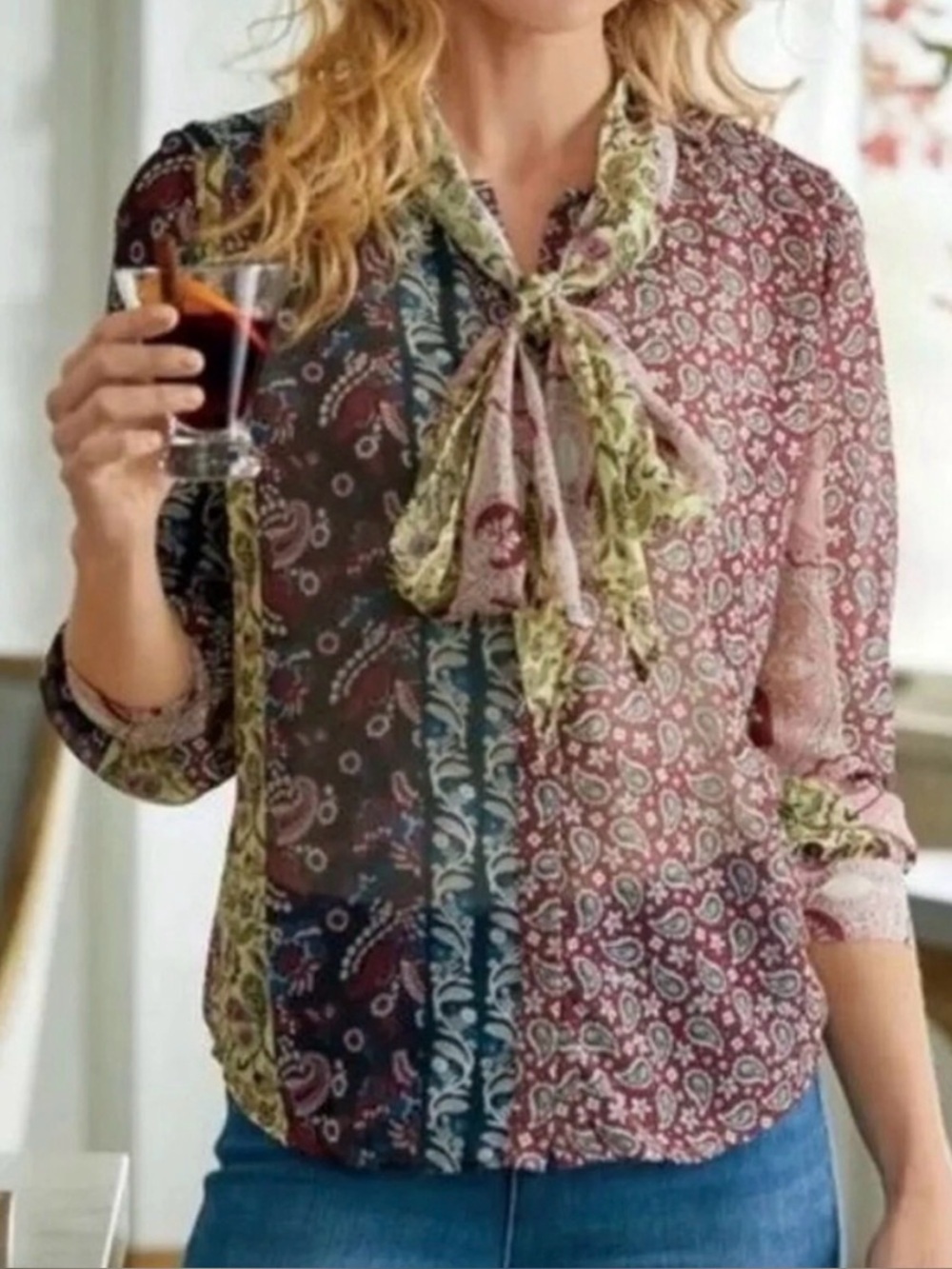 Soft Surroundings Pussybow Langdon Multi Paisley Patchwork Tie-Neck Blouse
